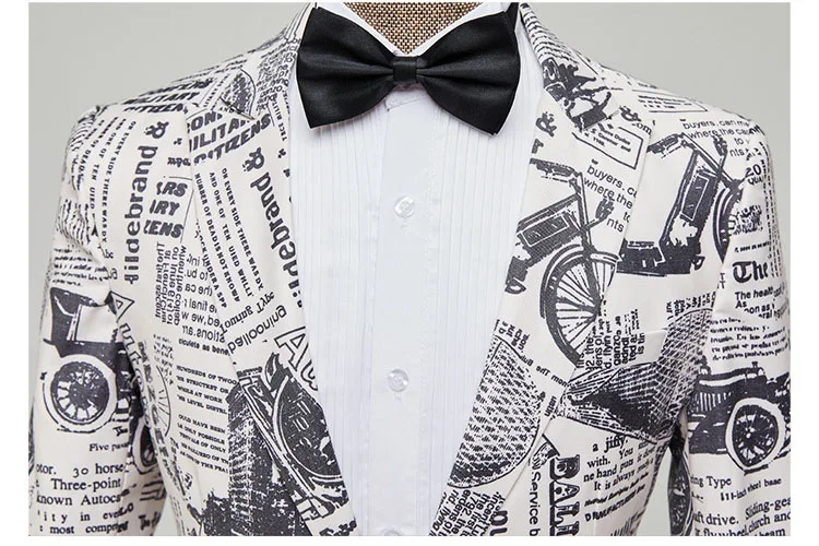 Mens Fashion Newspaper Print Tuxedo Blazers Slim Fit Casual One Button Suit Jacket Blazer Men Party Stage Singer Costume Homme