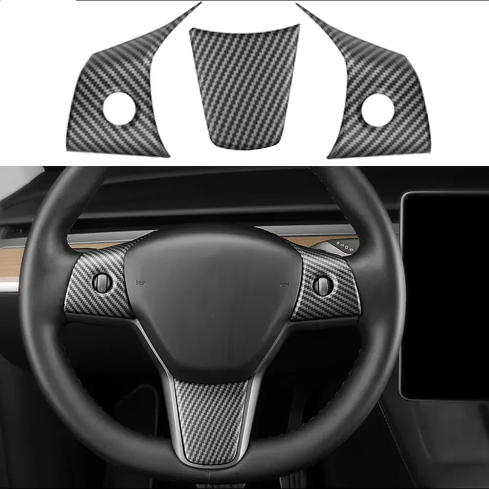 Steering Wheel Trim Cover For Tesla Model 3/Y Interior Accessories Compatible With Tesla Model 3 Model Y Carbon Fiber Pattern