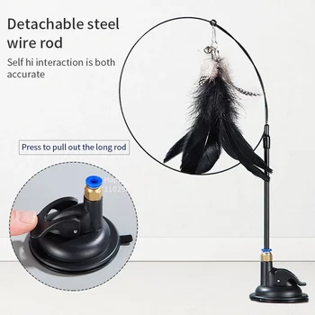Cat Toy Cat Teaser Stick With Bell Extended Rod Suction Cup Self High And Durable Bite Teaser Tool Replaceable Feather Head 4