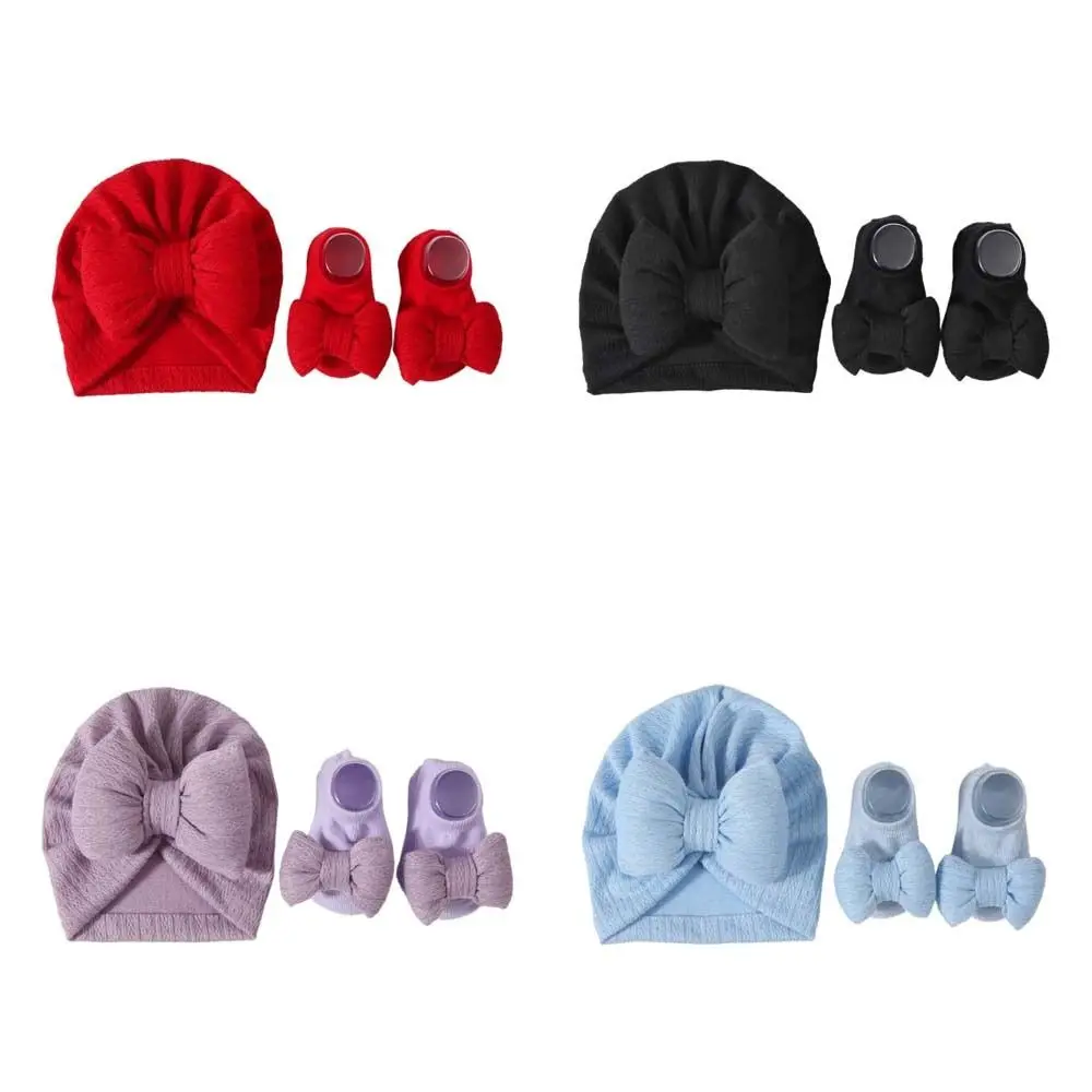 Cotton Knit Baby Hat Socks Set 0-12 Months Elastic Baby Bow Fetal Cap Big Bowknot Windproof Newborn Turban Hat Home/Outdoor