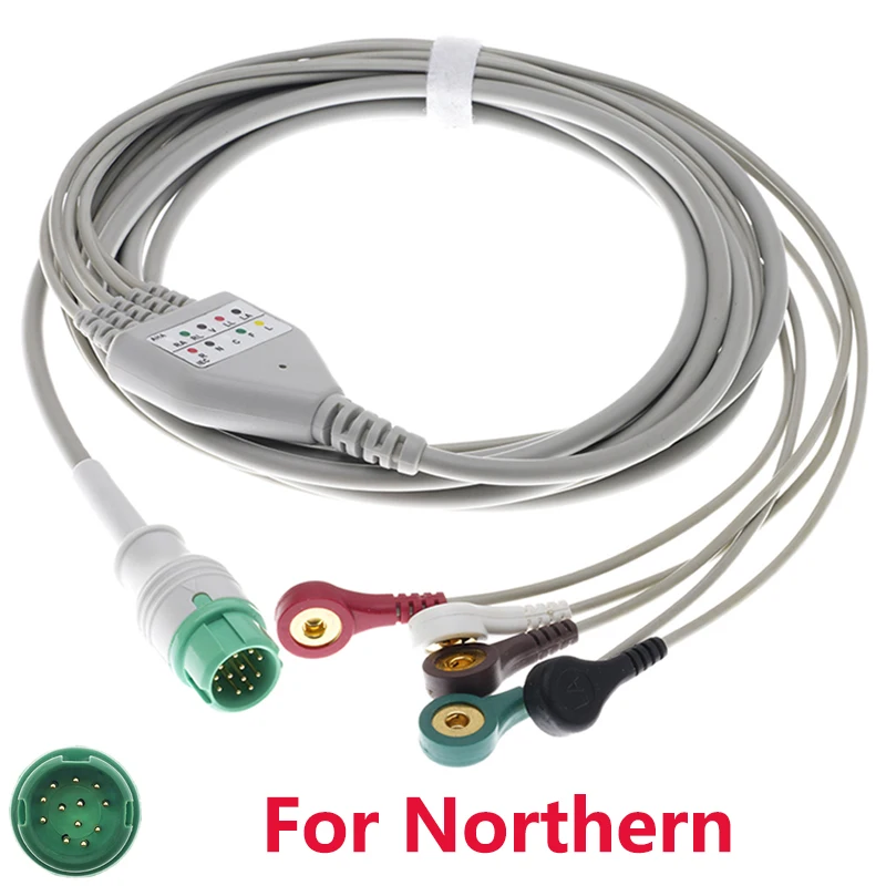 

One-Piece ECG EKG 3/5 Lead Cable and Electrode Leadwire Compatible Northern Patient Multi-Parameter Monitor,Snap/Clip/VET Clip.