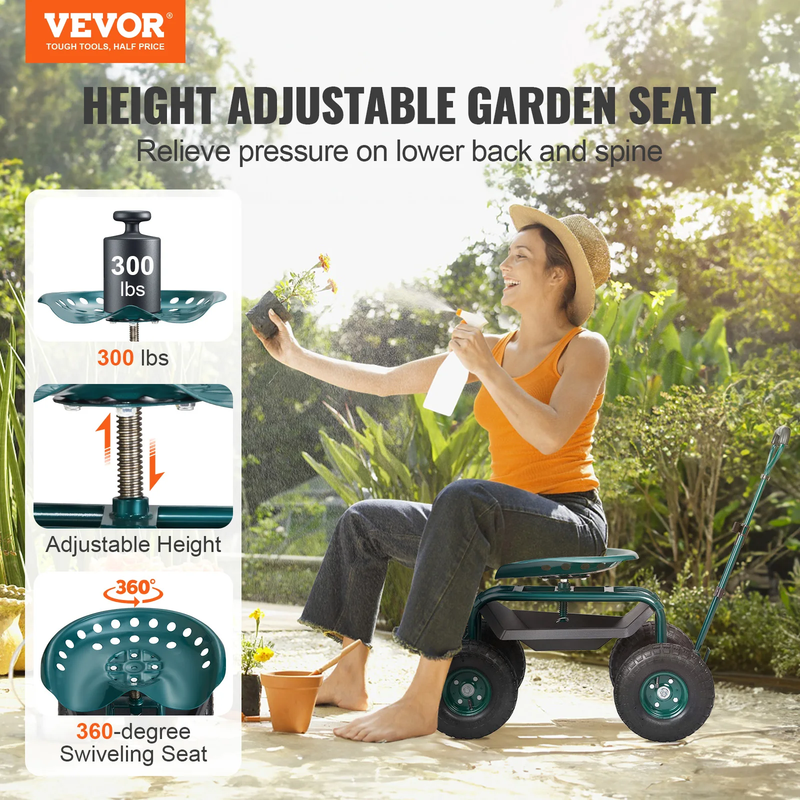 VEVOR Siège de Jardin Roulant Pivotant à 360° Tabouret de Jardinage sur Roues Gonflables 25,4 cm Chariot avec Siège 760x450x960 mm Poignée Extensible Plateau à Outils pour Terrasse Cour Extérieur Vert