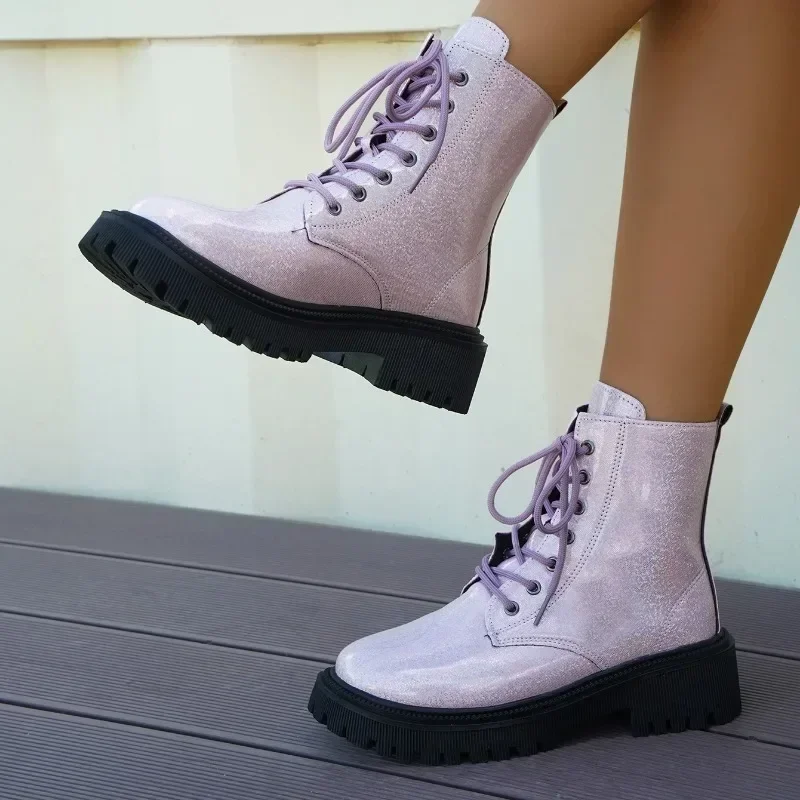 Fashion PU Square Heel  Ankle Boots 2023 Autumn New Shoes Female Lace-up Round Toe Low Heel Solid Women's Boots  Women Shoes