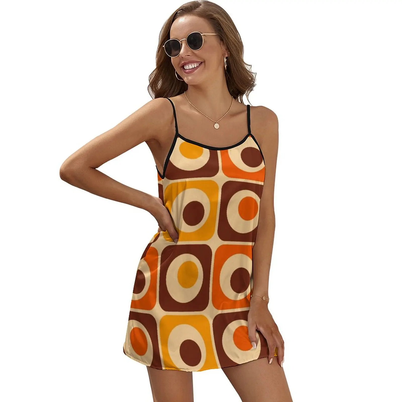 

70s Retro Vintage Style Geometric Pattern Orange Brown and Yellow Sleeveless Dress cute dress dress summer 2024 women