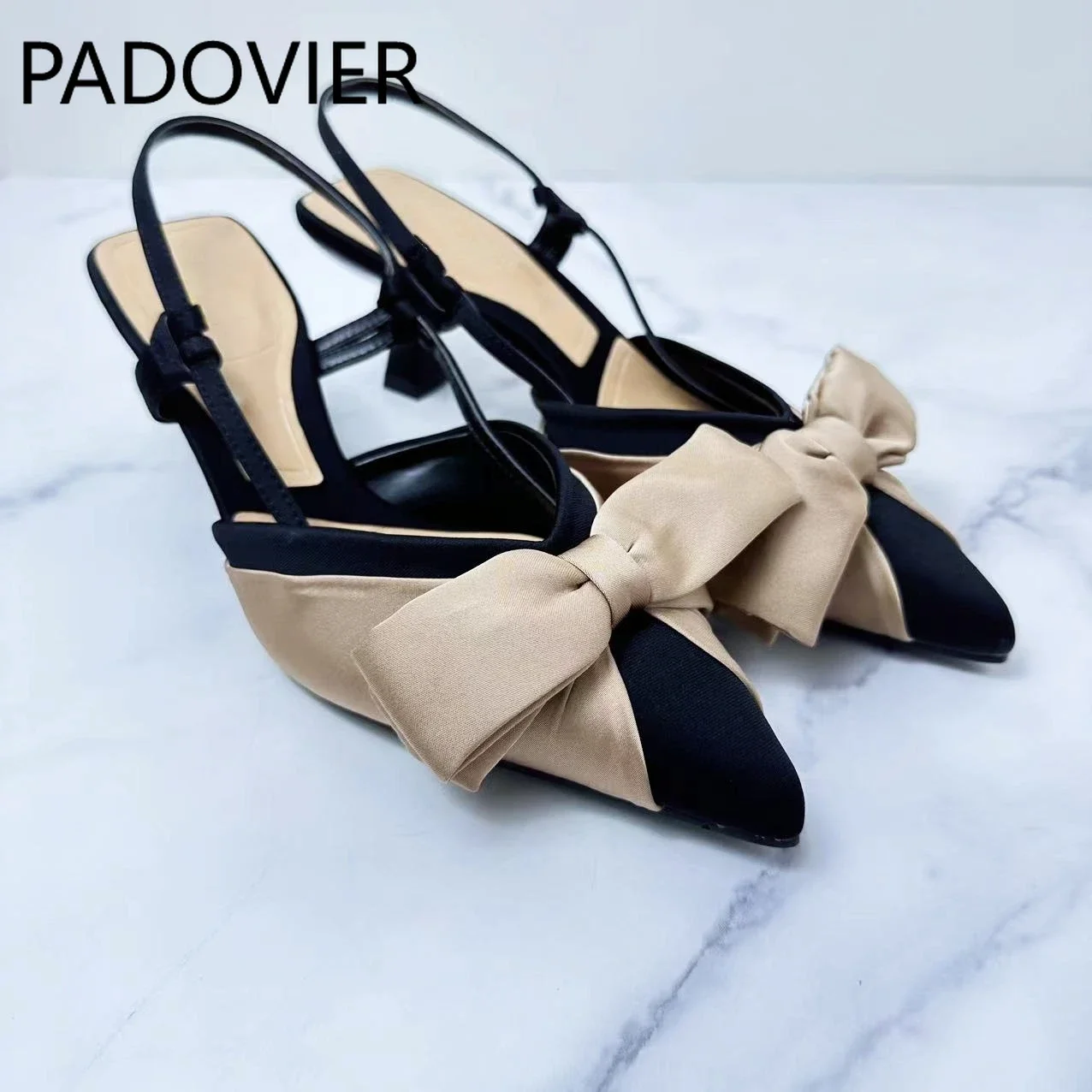 

2024 New Fashion Joker Pointed Color Matching Bow Decorated With High Heels With Female Sandals.