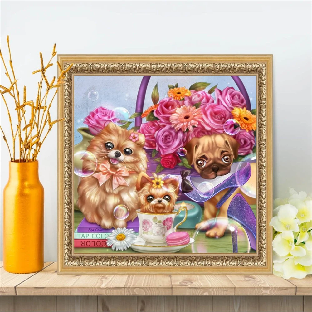 Diamond Painting Dogs and Vase Flower, Full Image - Painting