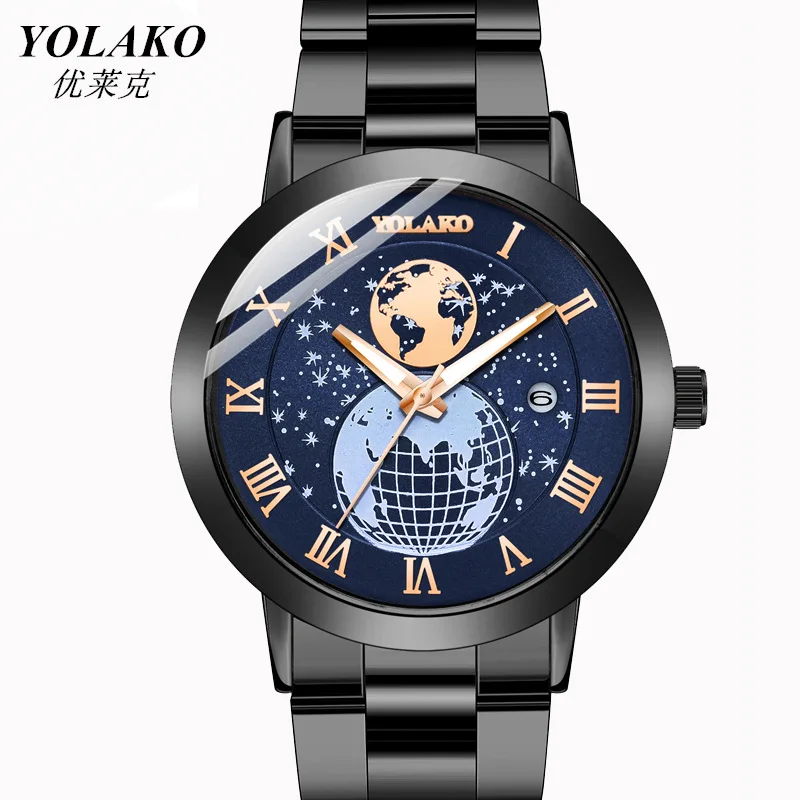 

2023 YOLAKO Creative New Men's Date Watch Stainless Steel Strip Quartz Watch Men's Globe Student Watch Relogio Masculino