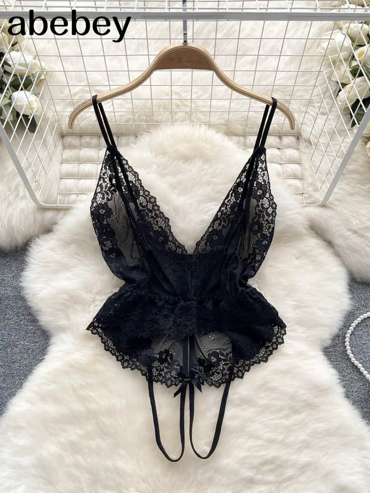 

Erotic Mesh Sheath Rompers Women V Neck Bow Backless Sensual Underwear Short Playsuits Ladies Floral Lace Bodysuits