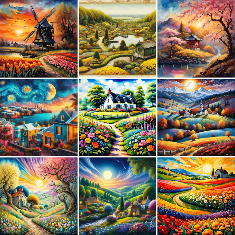 Landschaft Fantasie Haus gedruckt Kreuz stich komplettes Kit DIY Stickerei Handwerk handgemachte Malerei Handwerk Verkaufs paket Raum dekor – Detail 1
