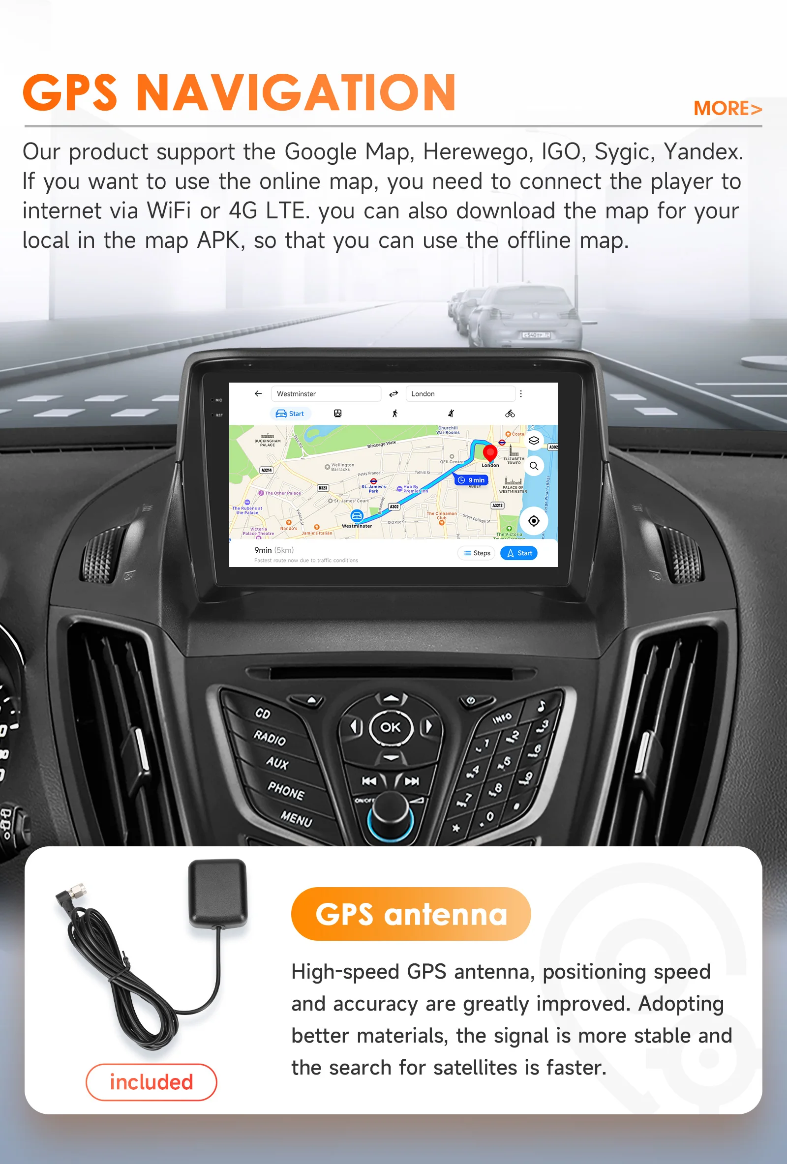 Hizpo 2Din 9 Zoll Android14 Autoradio für Ford Escape Kuga 2013–2016 Auto CarPlay 4G BT Snapdragon 6115 GPS RDS DSP 360 ° CAM – Detail 30