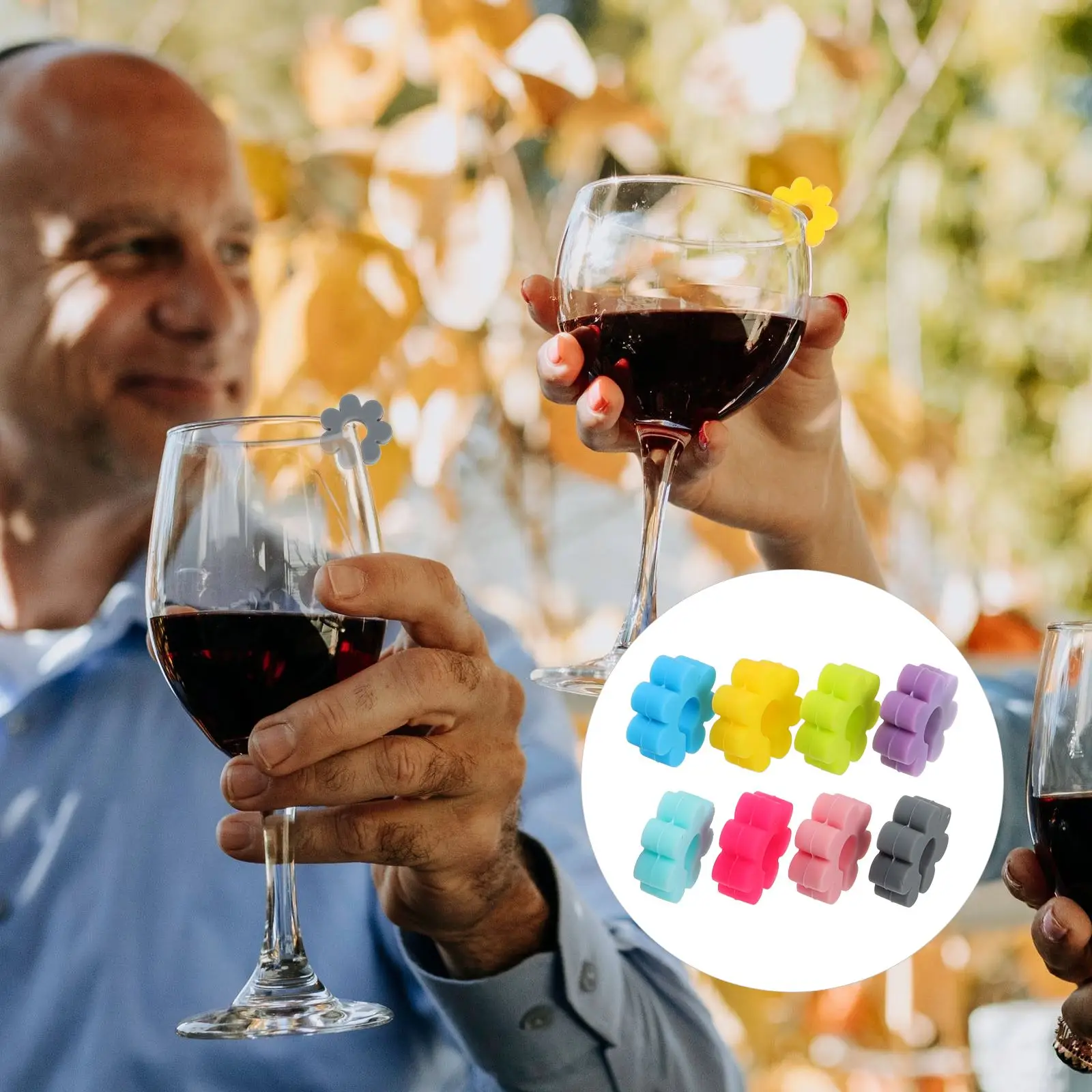 8Pcs Glasses Cup Labels Tags Silicone Flower Shape Wine Glass Charms Wine Cup Drink Markers for Outdoor Wedding Tray table