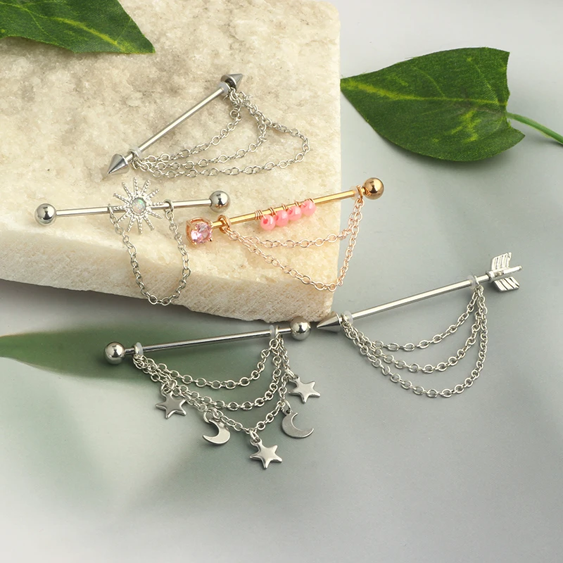 wholesales Stainless Steel Industrial Earrings With Chain Dangle Industrial Piercing Bar Cartilage Helix Piercing Tragus Stud