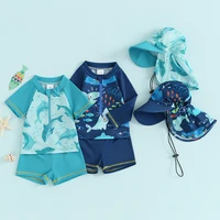 Baby Kids Boys Rash Guard Set Short Sleeve Shark Dolphin Print Top with Shorts Hat Swimsuit Summer Swimwear 1
