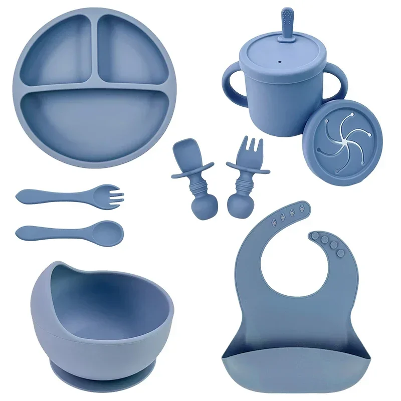 thumbnail image 1 of Juego de alimentación de bebé de silicona sin BPA, cuenco con ventosa, plato de comedor, taza de paja, cuchara, tenedores para niños, vajilla para bebés, platos para niños, 1 of 5