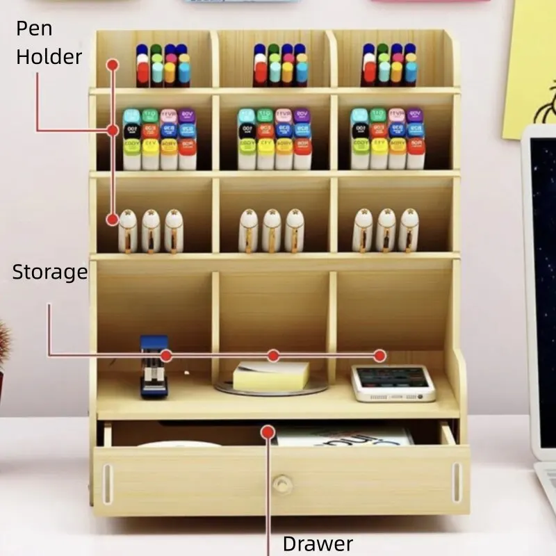 Pencil Holder Wooden Desk Organizer Drawers 12 Compartments Pen Holder Storage Box Art Supply Organizer Desktop