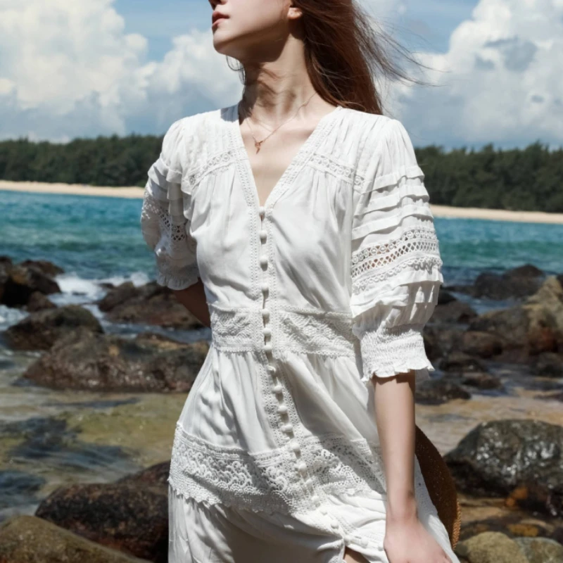 100% Baumwolle weiße Spitze Kleider Frauen Vintage V-Ausschnitt Puff ärmel langes Kleid Sommer hochwertige lässige Boho Beach Wear Vestidos