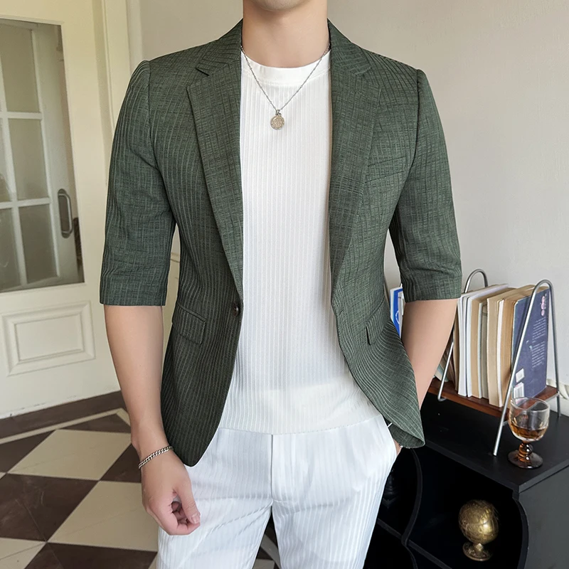 Men's High-Quality Summer Suit Seven-Point Sleeve Stylish Handsome Thin Cool Breathable Striped M-5XL