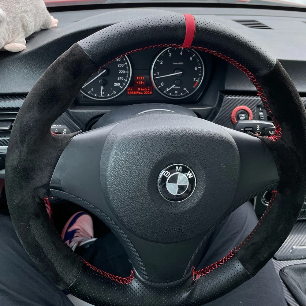 맞춤형 자동차 핸들 커버, 미끄럼 방지, BMW E90 E91 E92 E93 E87 E81 E82 E88 X1 E84 325i 330i 335i 120i 130i 120d 