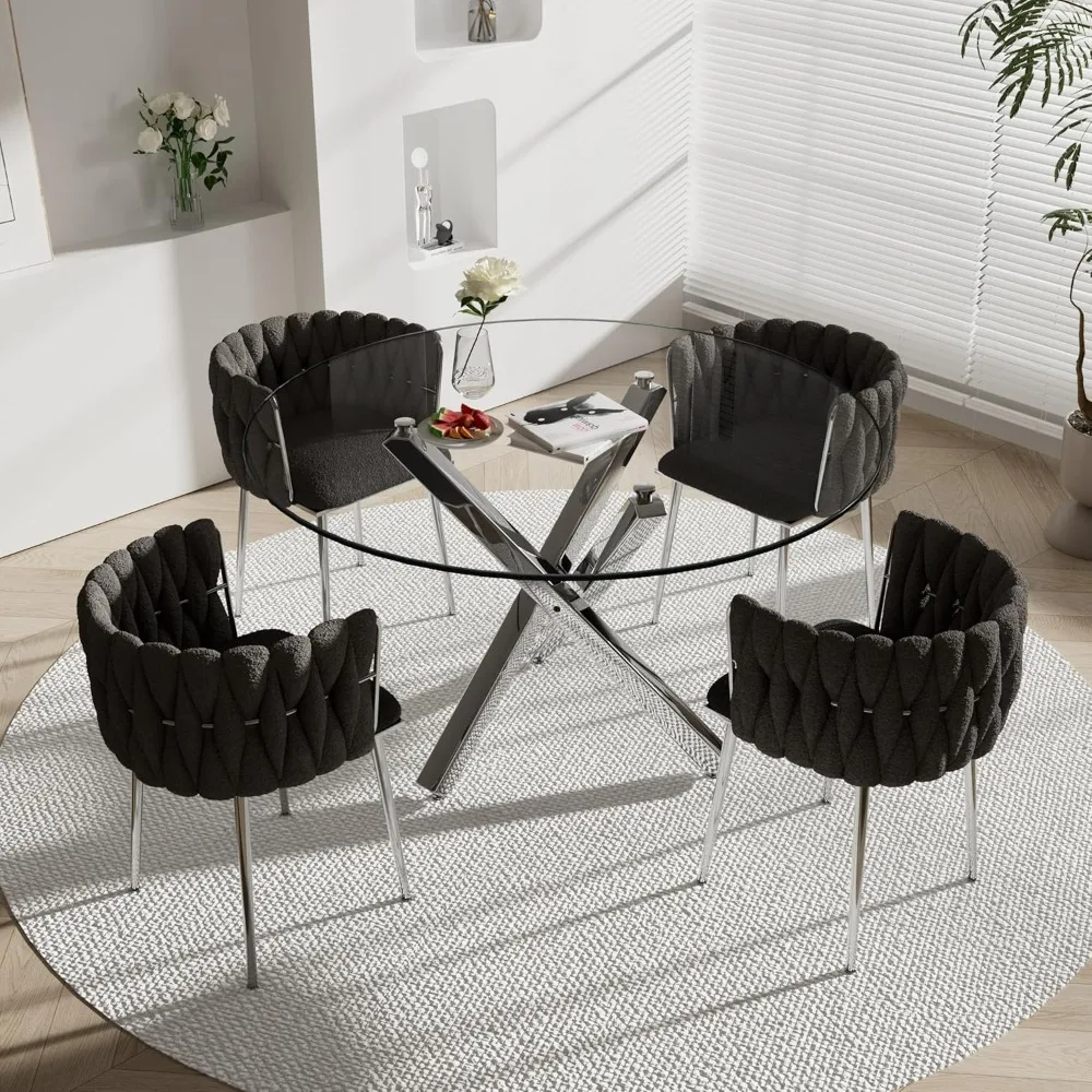 Luxury Round Dining Table Sets, 5 PCS Minimalist Circular Kitchen Table and Black Woven Chairs Set,Dining Room Sets