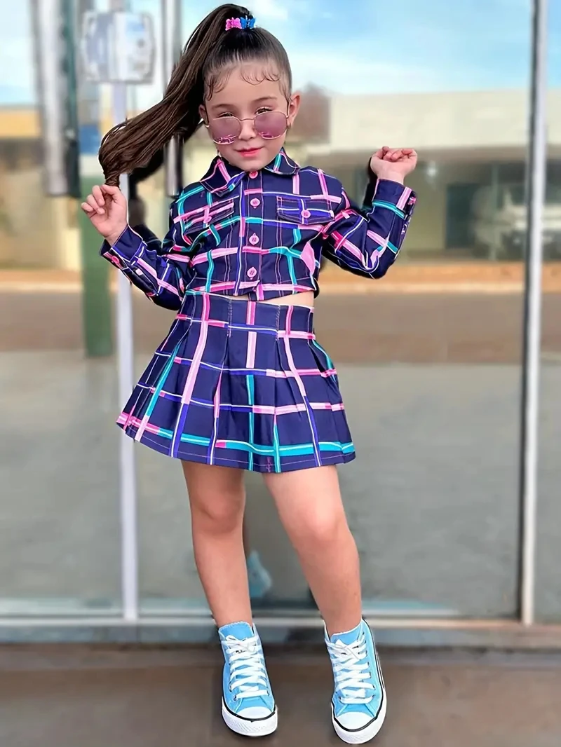 

Girls Trendy Outfits 2PC Button Graphic Lapel Shirt + Pleated Skirt Set Kids Christmas Gift For 3 4 5 6 7 8 Year