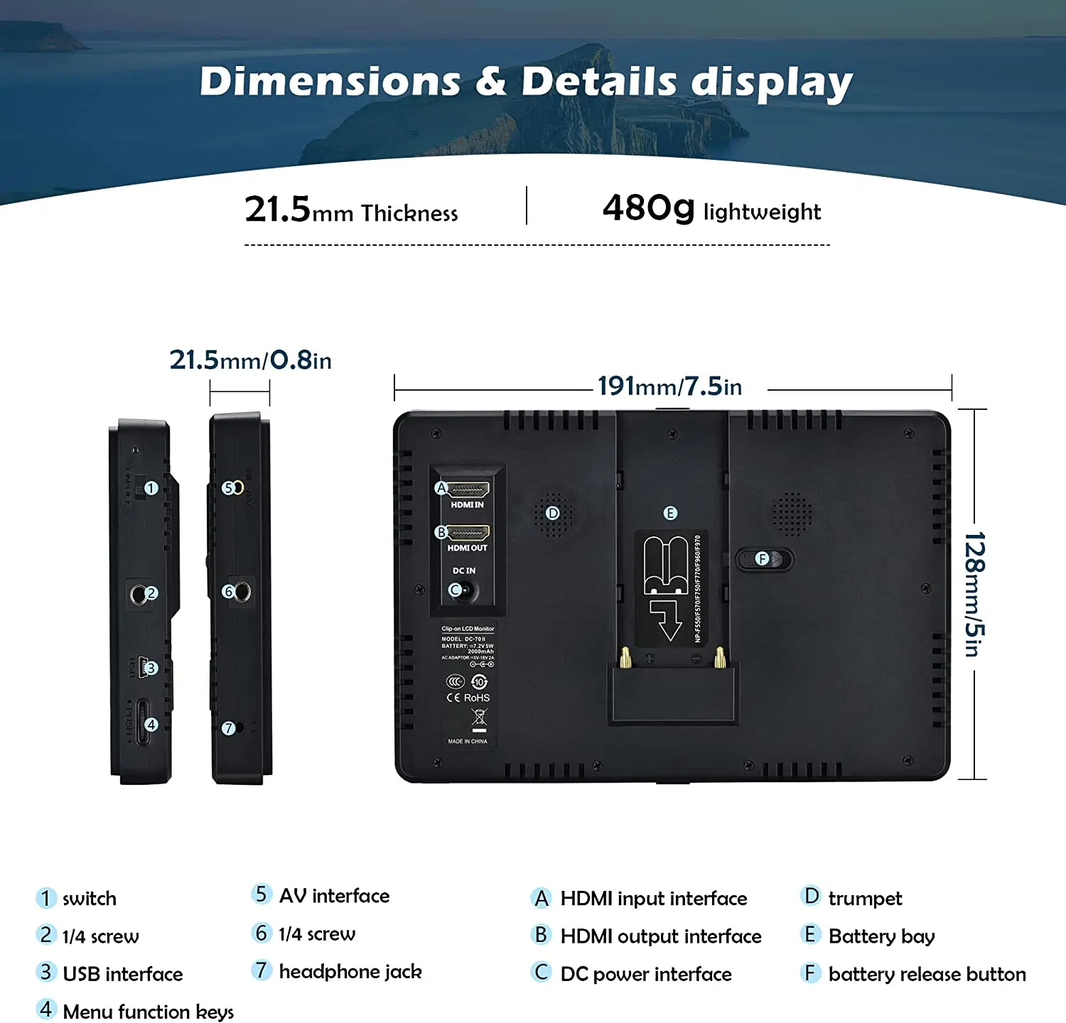 VILTROX DC-70 II 7 inch Camera Video Monitor LCD Display Video Assist 4K HDMI-compatible HD AV Input With Battery for Camera