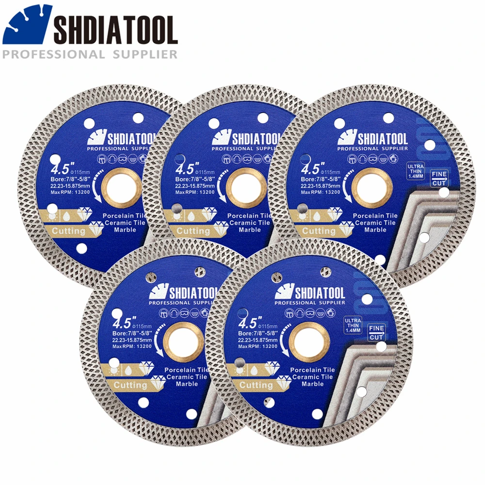 

SHDIATOOL 5pcs 4.5"/115mm Superthin Mesh Edge Diamond Narrow Turbo Angle Grinder Saw Blade Marble Tile Porcelain Granite Tiles