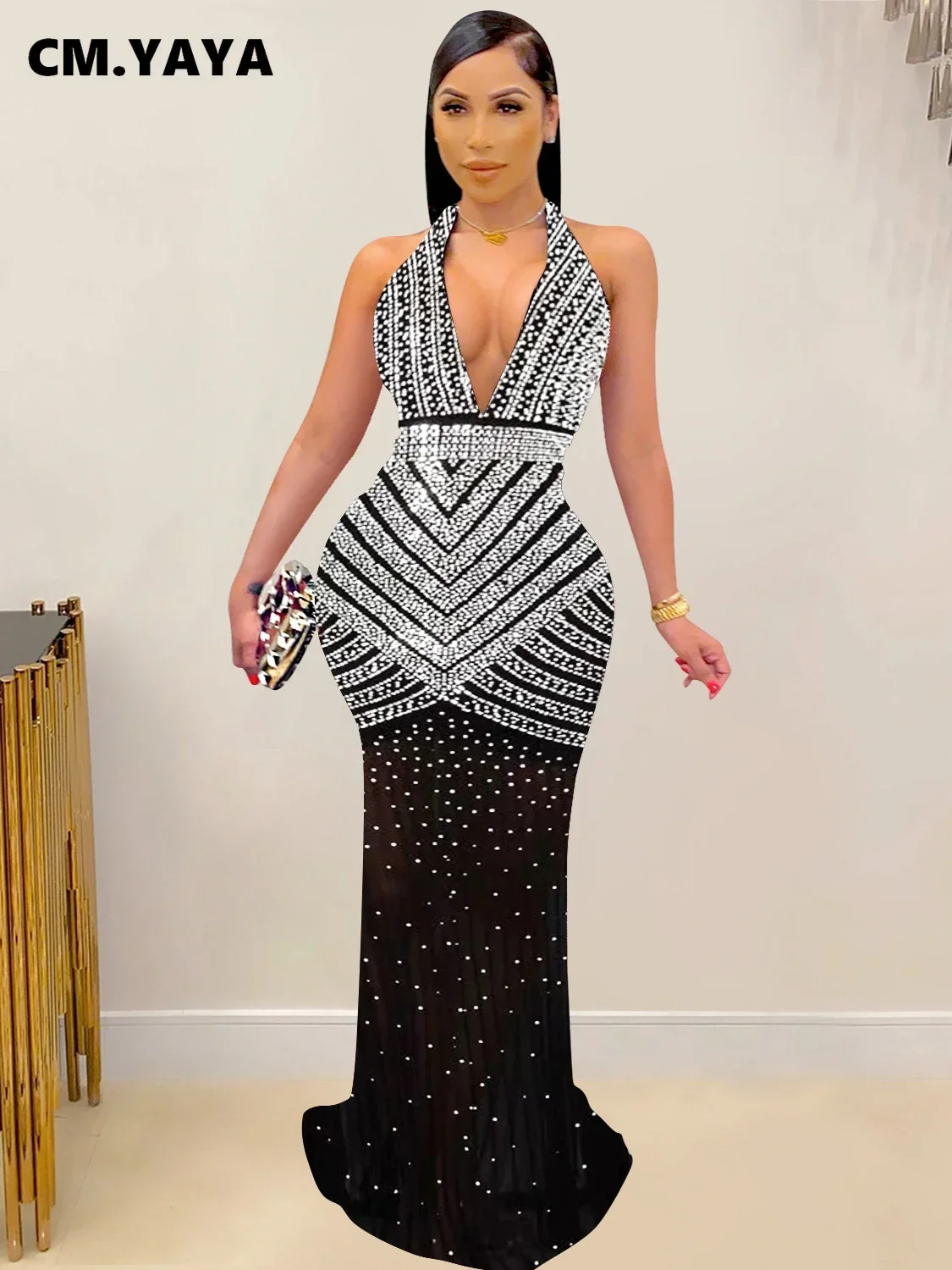 CM.YAYA Women Diamonds Hot Rhinestones Mesh See Though Long Sleeve Stretch Jumpsuit 2023 Party Evening Playsuit One Piece Set