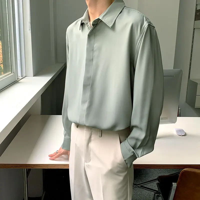 High Sense Grey Draping Feeling Ruffian Handsome Men's Clothing Chiffon Loose Office Commut Long Sleeve Turn Down Collar Shirts
