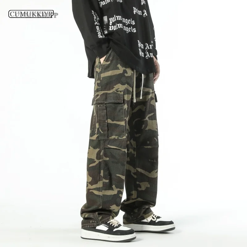 

Men's Camo Print Cargo Pants with Dstring Waist Straight Leg Loose Fit Multiple Pockets Perfect for 2023 Autumn and Winter