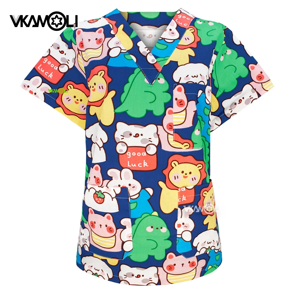 Cartoon print Women's Top V-Neck Medical Scrub Tops Hospital Scrubs shirt nurse Uniforms Dentist surgery Tops Workwear