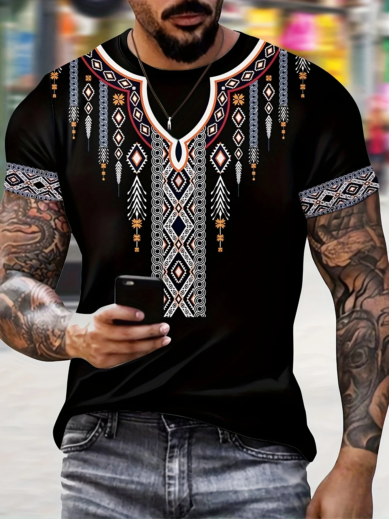 Ethnic Style Pattern Men's Creative Digital Print Short Sleeve Crew Neck T-shirt Summer Outdoor Holiday Mens Tshirt Male Top Tee 1