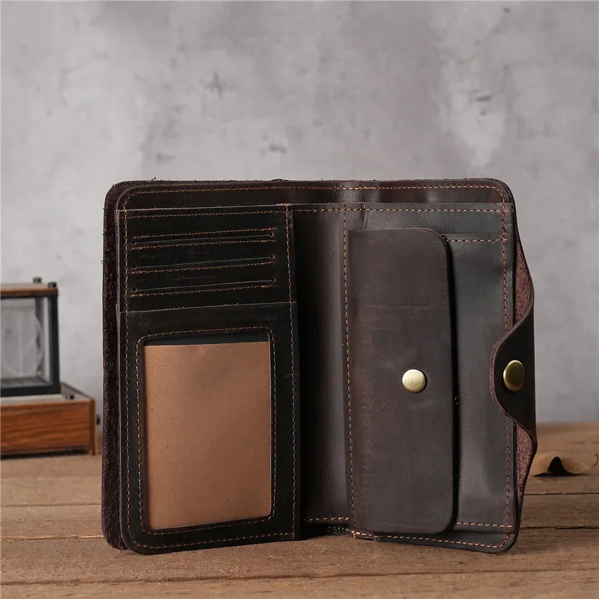 

Crazy Horse Leather Men's Wallet with Two Folds, Genuine Top Grain Leather, Vintage Purse