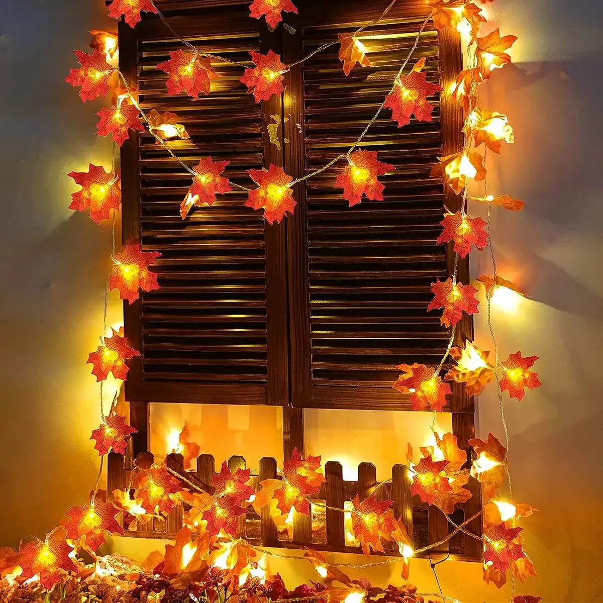 Maple leaf string lights outdoor setup
