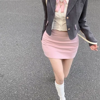 용수철 한국 유니폼 세트, 프레피 스타일, 데일리 캐주얼 JK 유니폼, 회색 짧은 정장 코트, 슬림 셔츠, 핑크 랩 힙 스커트, 2024