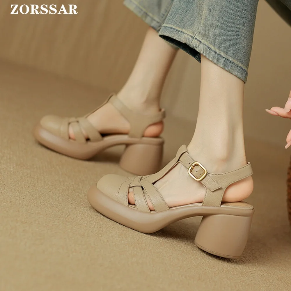 New Fashion Round Toe Genuine Leather Sandals Woman Sexy High Heels Ladies Summer Party Wedding Platform Shoes Women Slingback