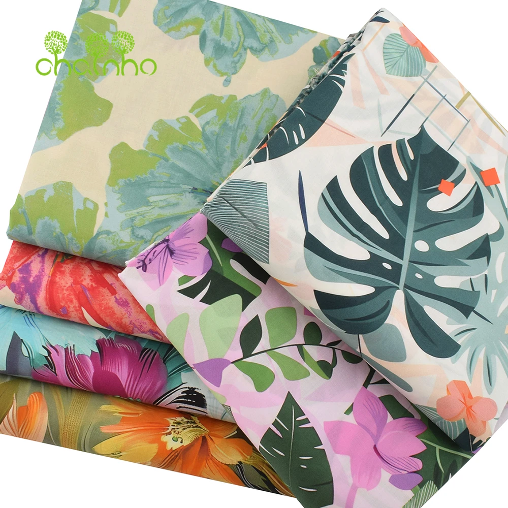 Chainho,Printed Plain Weave Poplin Cotton Fabric,DIY Quilting Sewing Material,Patchwork Cloth,Floral Series,2 Sizes,15PC226
