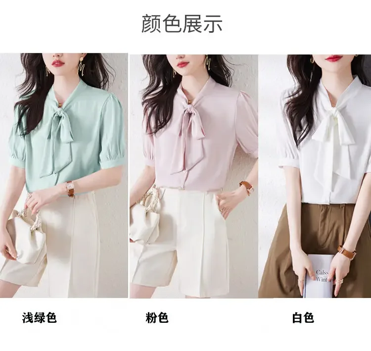 Sommer Design Sinn Schal Hals Bogen Casual Kurzarm Shirt Frauen Solide Temperament Licht und Reife Pendeln Vielseitig Top – Detail 9