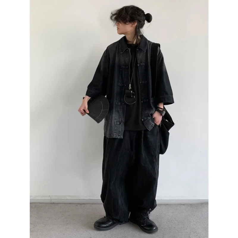 Ancient Style Denim Shirt Mens Halo Dyed Washed Single Breasted Short Sleeved Jacket Lapel Collar Tops