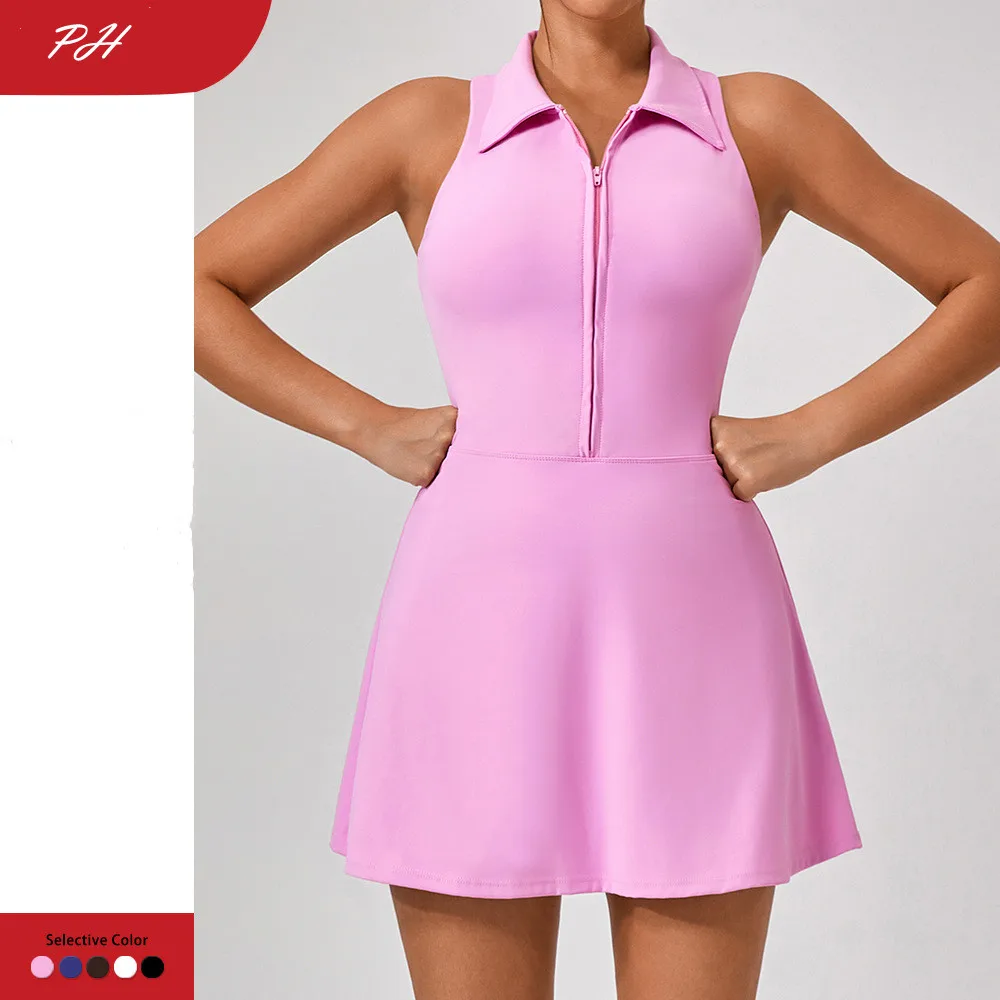 Summer Women's Tennis Dress Fashion Golf Sports Dress Polo Collar Zipper Design Women's Yoga Running Fitness Skirts