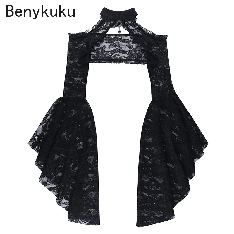 

Flare Sleeve Lace Top Shrug Gothic Style Dark Waistcoat Women Round Neck Off-Shoulder Coat Goth Clothes Y2k Cropped Tops