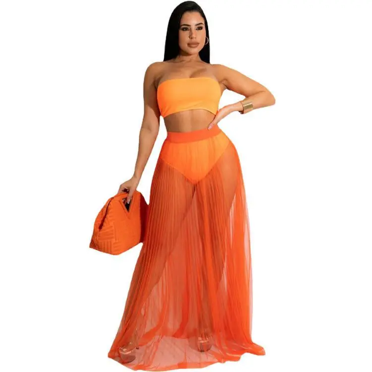 Summer 2023 Women High Waist Transparent Mesh Maxi Skirts Crop Tops Set Fashion See Through Chiffon Long Skirt Two Piece Suit
