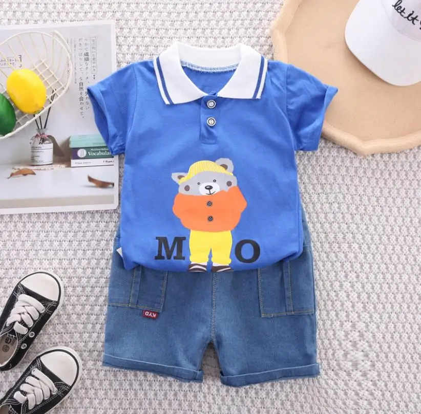 

Boys Summer Outfits 2023 Fashion Cartoon Turn-down Collar Bear Short Sleeves T-shirts and Shorts Baby Set Clothes Kids Tracksuit