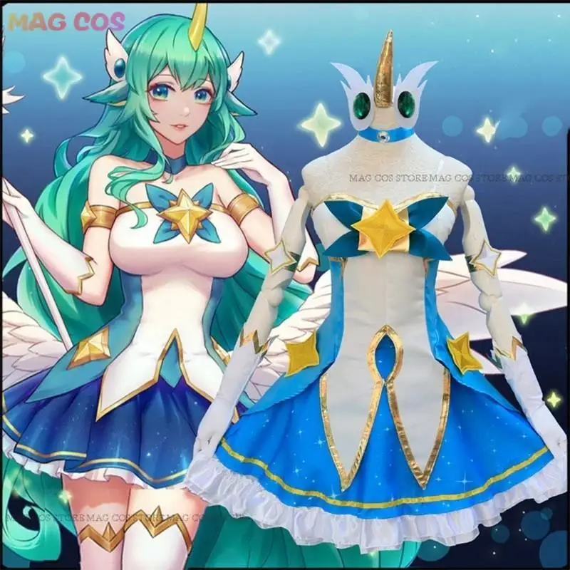 

Game LOL Star Guardian of Soraka Cosplay Costume The Starchild Wig Ears Horn Anime Lolita Dress Women Green Suit Halloween Sexy