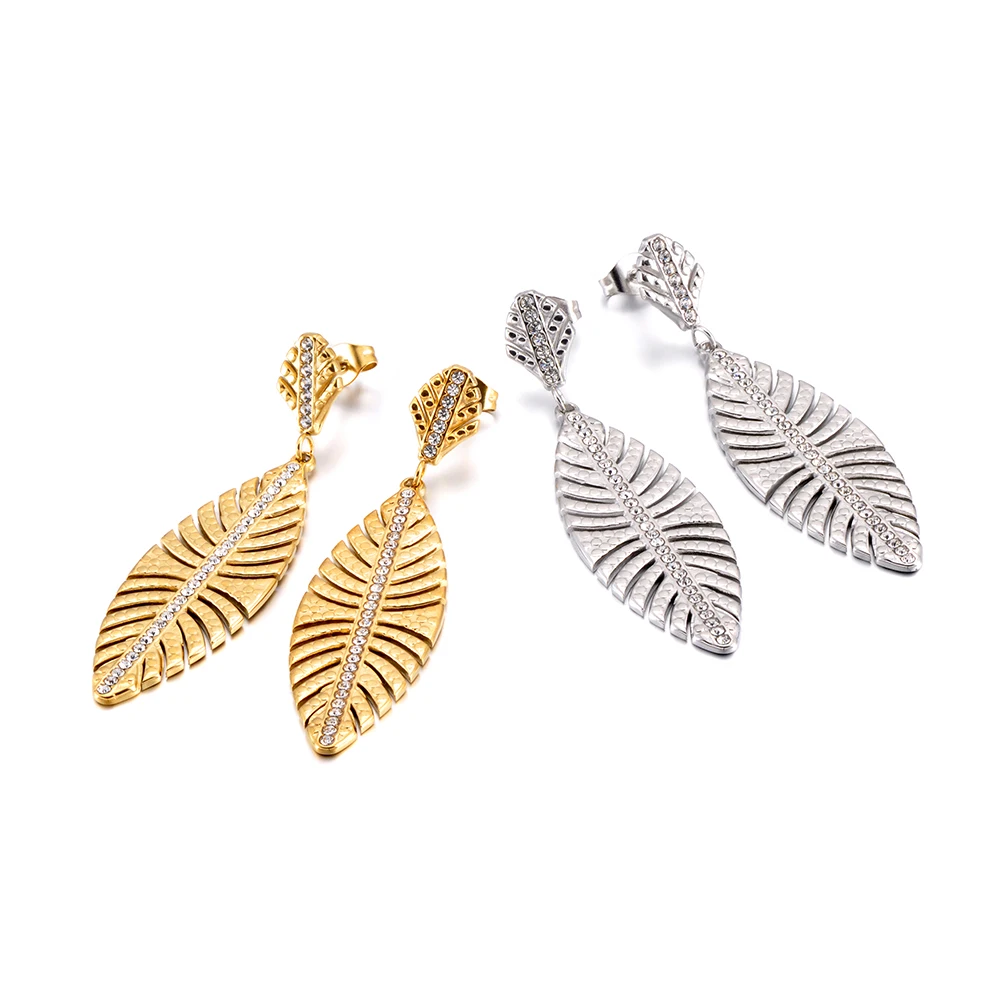 JeeMango vergoldete Edelstahl-Ohrstecker mit Blatt- und Pflanzenmotiv, modischer Strass-Luxusschmuck, wasserdicht, für Frauen, Geschenk E26058 – Detail 3