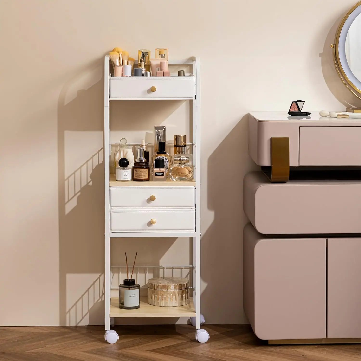 HBlife Floor Makeup Organizer Storage Cart, Make Up Organizers with Drawers, Vanity Cosmetics Display Cases Holder for Skincare 3