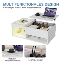Table basse extensible Comanlai avec éclairage LED, table de salon brillante avec 2 étagères en verre, avec étagères ouvertes et rangement, rétractable, pour salon 7