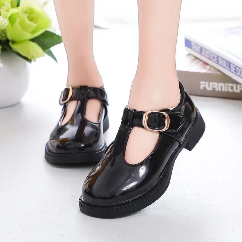 Girls Leather Shoes School Party Flats T-strap Simple Classic Buckle 26-36