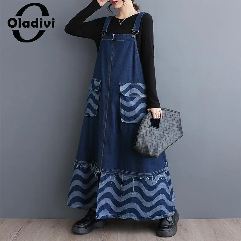 

Oladivi Sleeveless Strap Sundress Oversized Denim Dress Women 2023 Spring Autumn New Casual Loose Jean Dresses Tunic Robe 8103