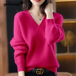 Women's Clothing Autumn Winter Korean Fashion Simple V Neck Knitted Sweater Solid Long Sleeve Loose Pullover Tops Casual Jumpers