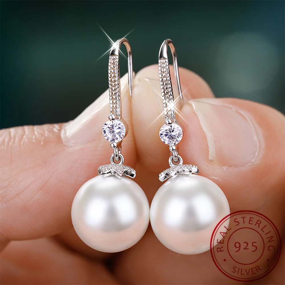 Elegant 925 Silver Natural Freshwater Pearl Dangle Earrings Dazzling CZ Women Engagement Wedding Accessories Fashion Earrings